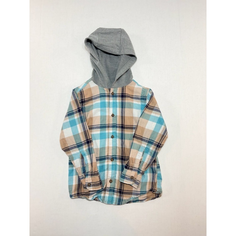 Carter's Boys Blue Tan Plaid Hooded Flannel Button Down Shirt Size 7